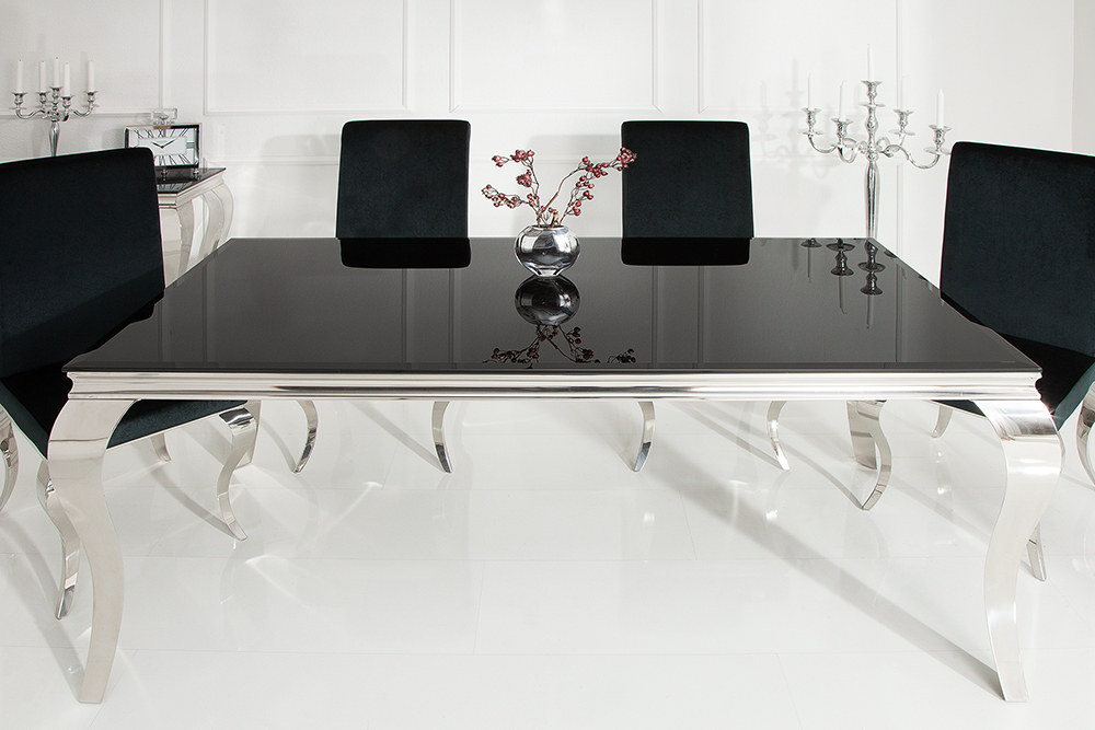 Eleganter Design Esstisch MODERN BAROCK 200cm schwarz Opalglas Tischplatte Edelstahl