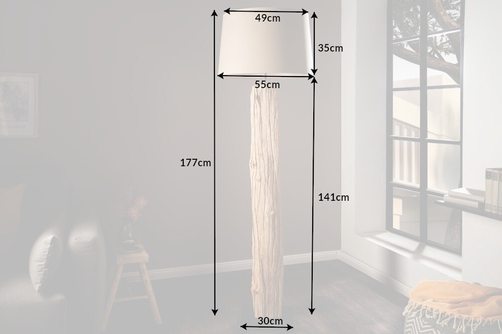Handmade Stehlampe ROUSILIQUE 180cm beige Treibholzlampe Leinenschirm Baumstamm