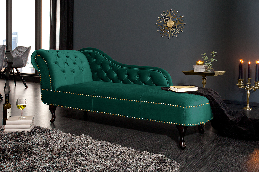 Design Récamière CHESTERFIELD 170cm smaragdgrün Samt Knopfheftung Nietenbesatz