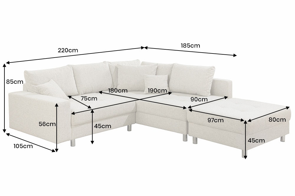 Wohnlandschaft KENT 220cm beige Strukturstoff  Ecksofa Federkern inkl. Hocker