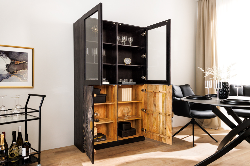 Massives Highboard GOLDEN SUNSET 180cm schwarz gold Mangoholz mit Glastüren Vitrine