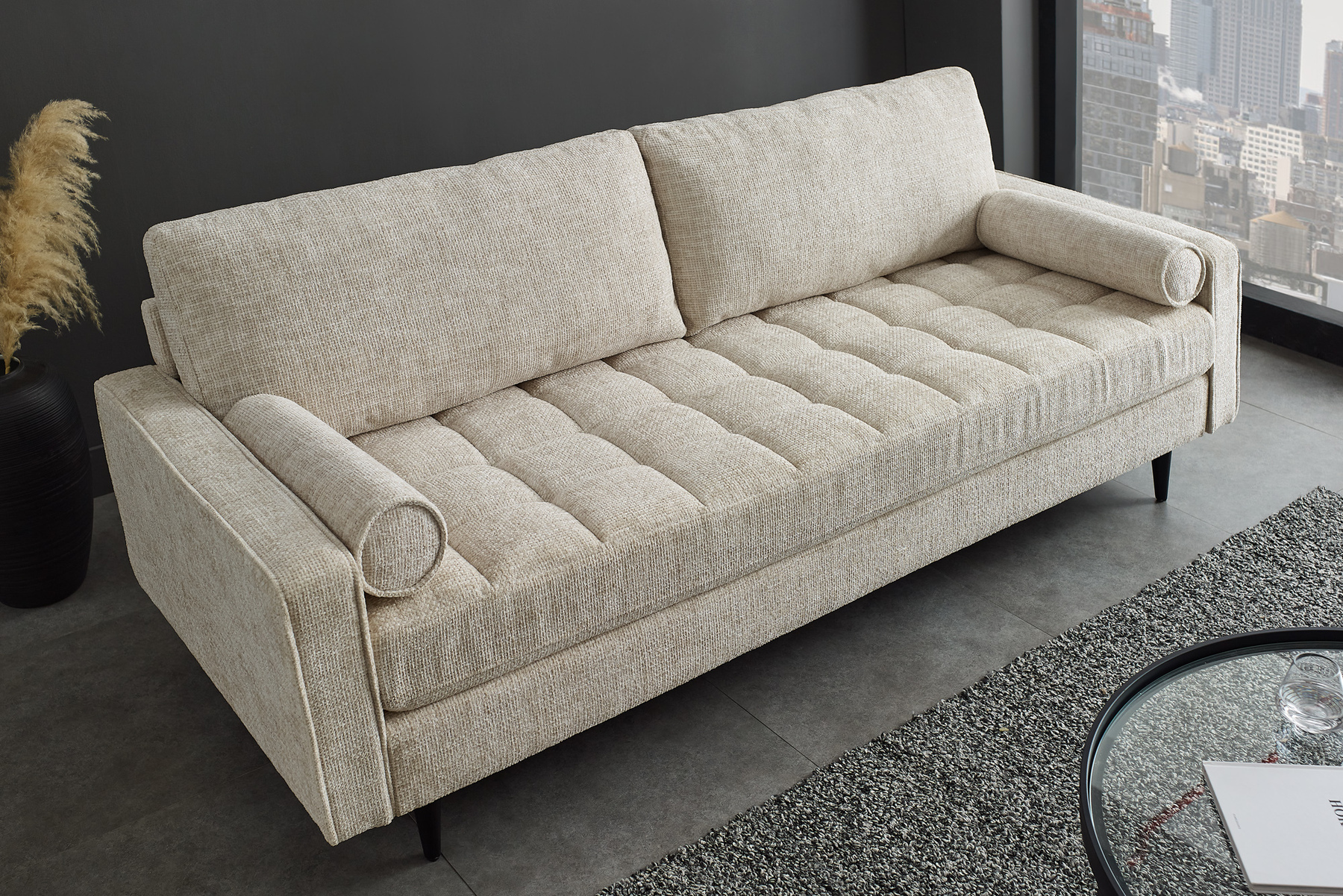 Design Sofa COZY VELVET 220cm beige Chenille Federkern 3-Sitzer mit goldener Kappe