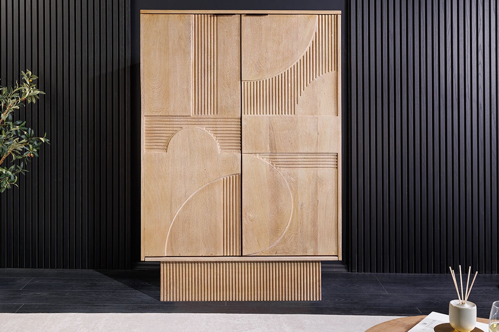 Design Barschrank ART DECO 140cm weiß gekälkt Mangoholz 3D-Front