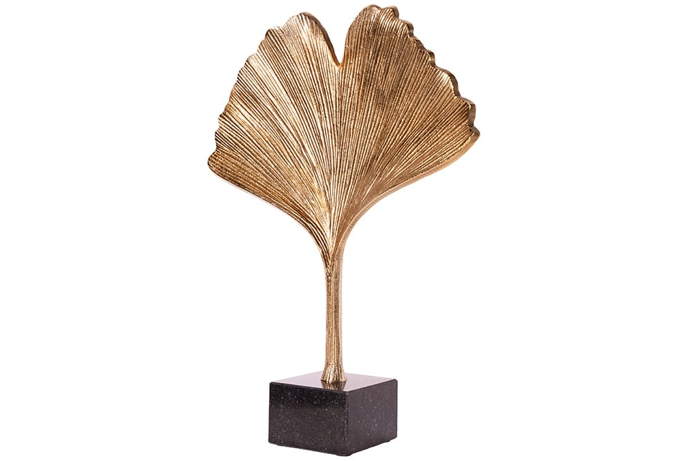 Dekorative Skulptur GINKGO LEAF 44cm gold handmade Metall mit Marmorsockel
