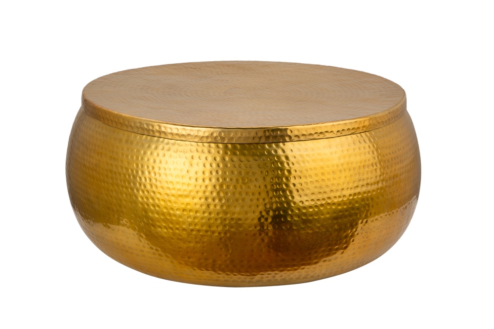 Runder Couchtisch ORIENT STORAGE 70cm gold Metall mit Stauraum Hammerschlag Design handmade