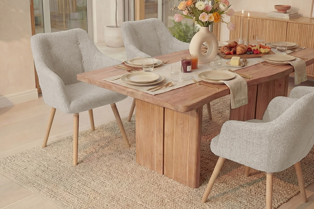 Nordischer Stuhl SCANDINAVIA MEISTERSTÜCK beige natur Strukturstoff Massivholzbeine