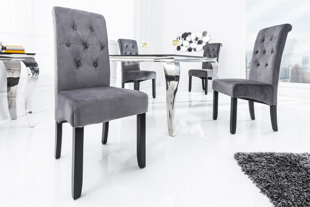 Design Stuhl CASA grau Samt mit Zierknöpfen Massivholzbeine