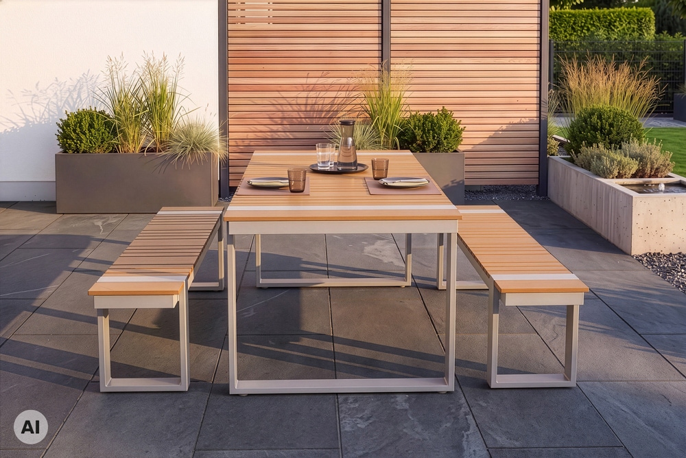 Wetterfester Gartentisch TAMPA LOUNGE 125cm greige natur Aluminium Metall Holz-Design Outdoor