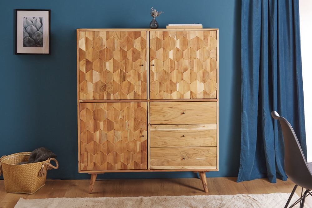 Massivholz Highboard MYSTIC LIVING 140cm Akazie natur 3D-Oberfläche