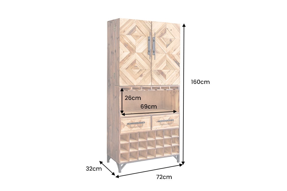 Design Barschrank BODEGA 160cm natur Pinienholz Weinregal Glashalter Schubladen
