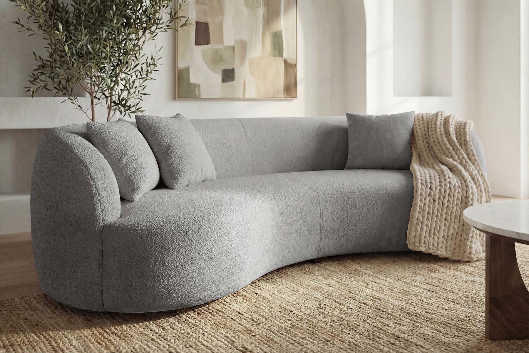 Modernes Sofa ATELIER 230cm grau Bouclé  3-Sitzer Couch inkl. Kissen