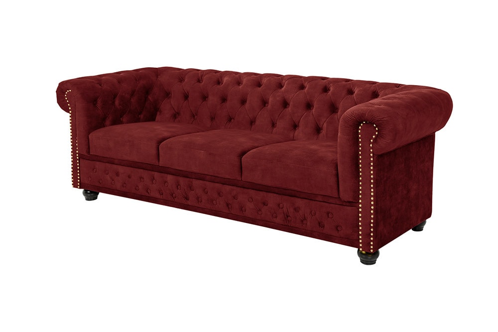 Barock Sofa CHESTERFIELD 205cm bordeaux rot Samt Federkern Knopfheftung 3-Sitzer Couch