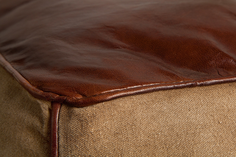 Retro Sitzpouf MUSTANG 45cm Lederbezug mit Leinen Sitzwürfel