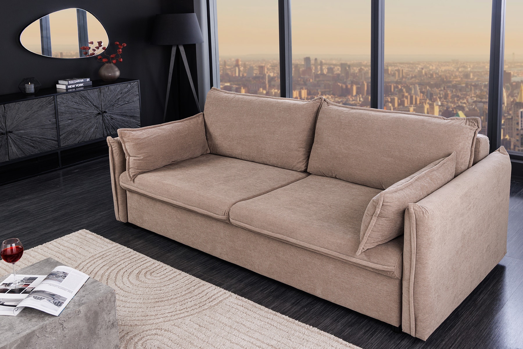 XXL Sofa mit Schlaffunktion APARTMENT  taupe Cord inkl. Bettkasten und Kissen