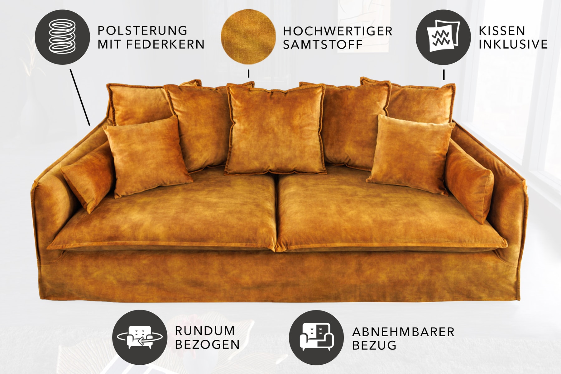 Großes 3-Sitzer Sofa HEAVEN 200cm senfgelb Samt Federkern waschbarer Bezug Hussensofa Couch