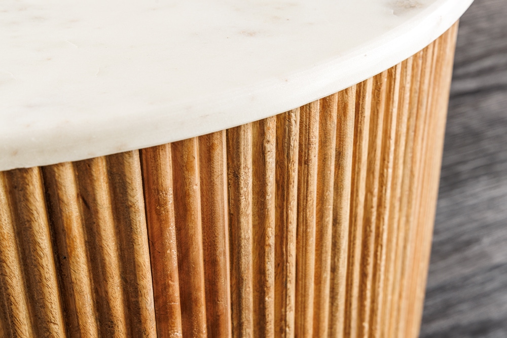 Runder Couchtisch TRES CHIC 60cm weiß Marmor natur Mangoholz mit Stauraum