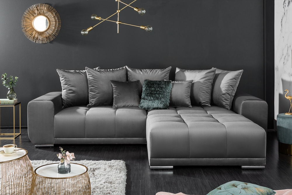 Big Sofa ELEGANCIA 285cm silbergrau Samt XXL Couch inkl. Kissen Federkern