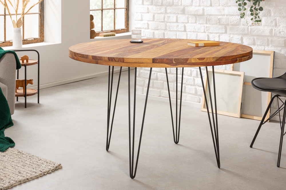 Runder Esstisch MAKASSAR 120cm braun Sheesham Massivholz stone finish Hairpin Legs