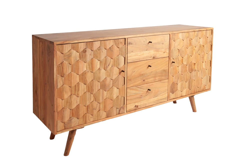Massivholz Sideboard MYSTIC LIVING 145cm Akazie natur Kommode mit Schubladen 3D-Design