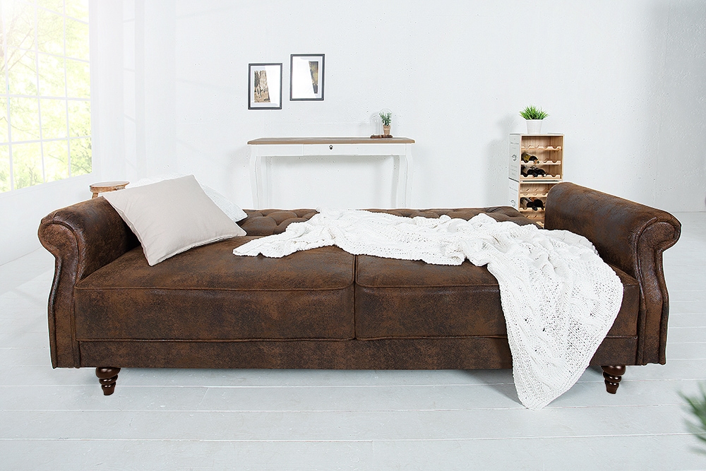 Chesterfield 3-Sitzer Sofa MAISON BELLE AFFAIRE 220cm antik braun Microfaser mit Schlaffunktion