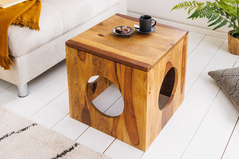 Massivholz Beistelltisch CUBUS 40cm Sheesham stone finish Hocker