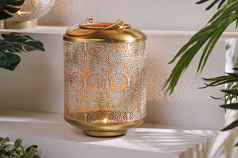 Deko Windlicht ORIENT 25cm gold Metall handmade Laterne mit Patina