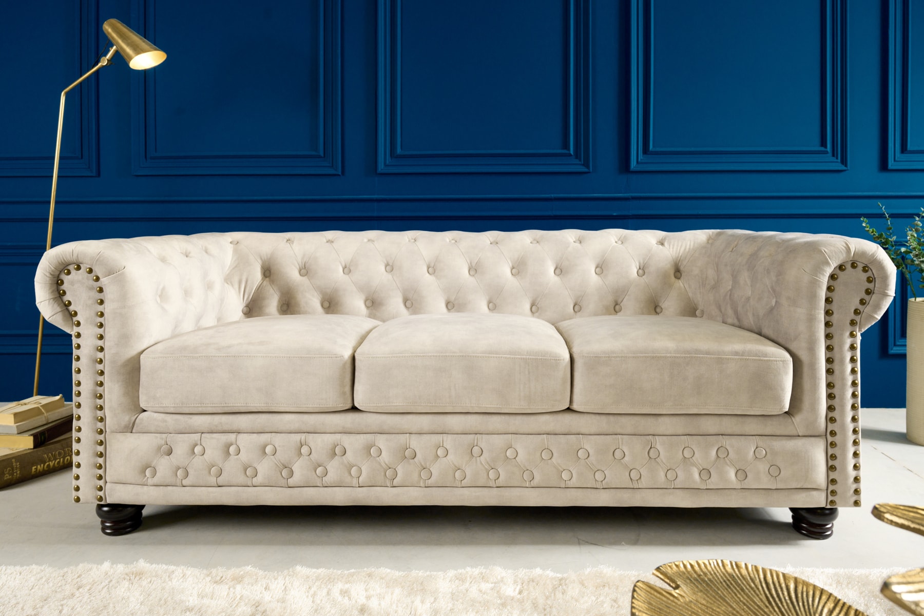 Chesterfield 3-Sitzer Sofa 200cm champagner beige Samt Federkern Knopfheftung