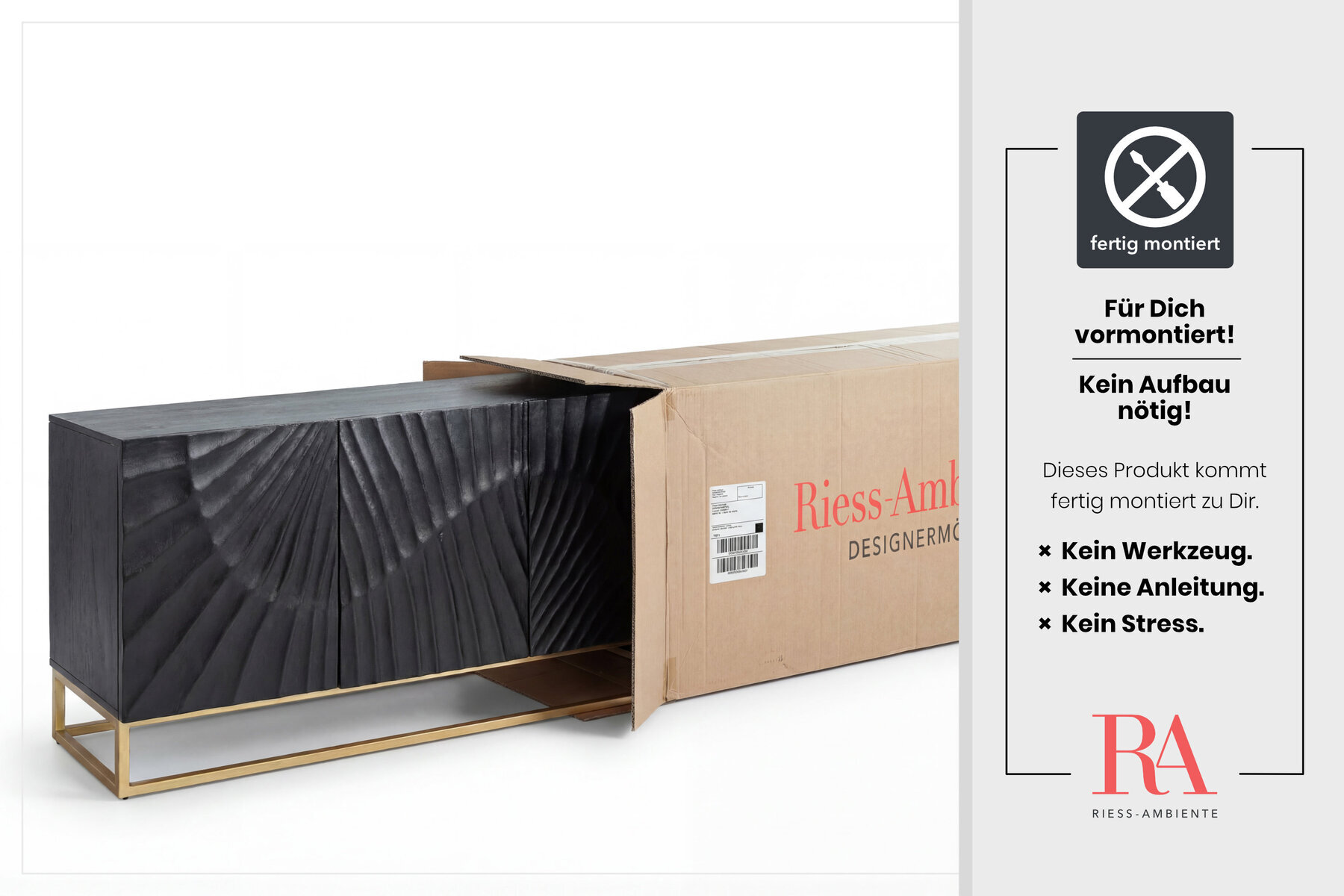 Massives Sideboard SCORPION 140cm schwarz Mangoholz aufwendige 3D Schnitzereien