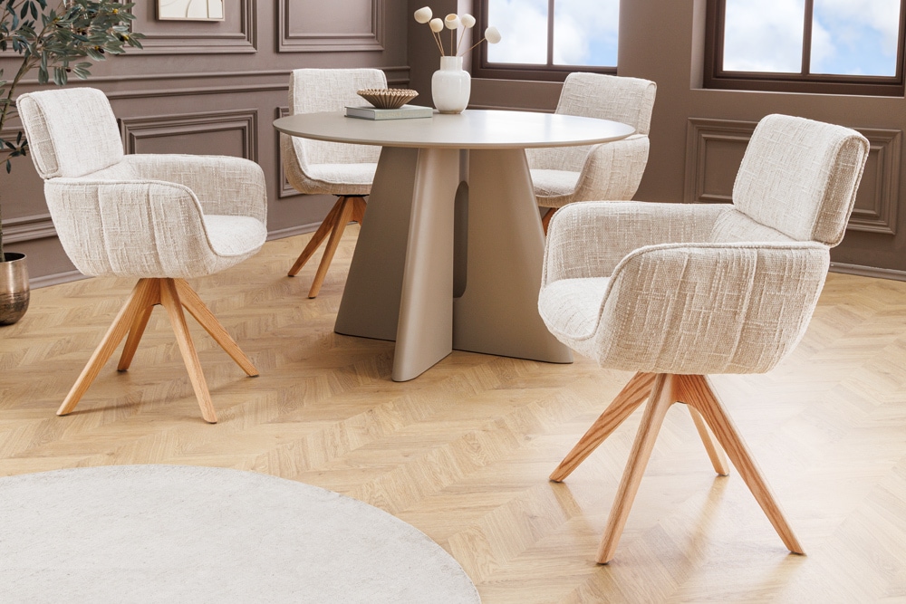 Drehbarer Stuhl UNIQUE beige Chenille Eichenholzbeine mit Armlehne » Jetzt kaufen