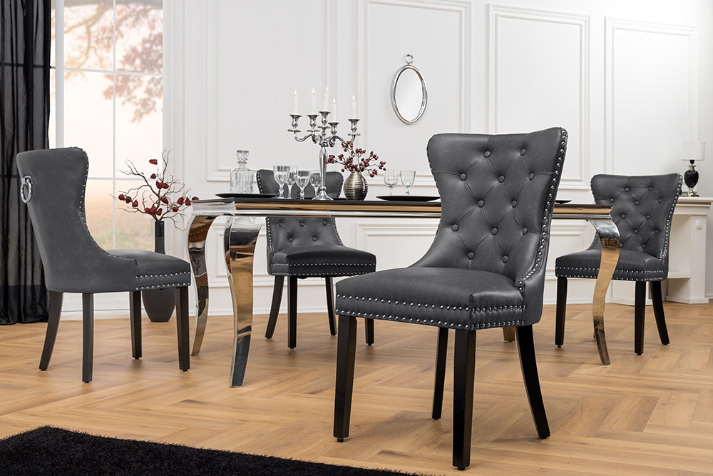 Chesterfield Stuhl CASTLE schwarz Kunstleder Massivholz mit Komfortgriff
