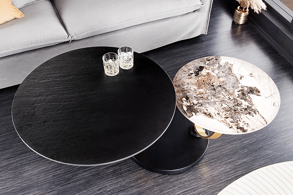 Design Couchtisch DANCING RINGS schwarz rund drehbar Pandora Keramik schwarz Metall