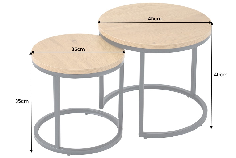 Runde Beistelltische 2er Set ELEGANCE 45cm natur Wildeiche-Design Holz schwarzes Metallgestell