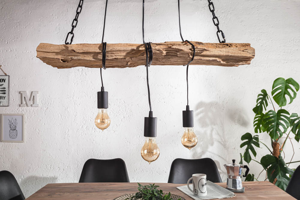 Industrial Hängelampe BARRACUDA 70cm recyceltes Massivholz mit 3 Leuchten