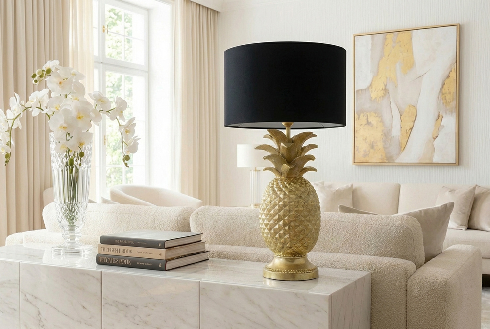 Handgefertigte Tischlampe PINEAPPLE 50cm gold schwarz Ananas-Design mit Stoffschirm