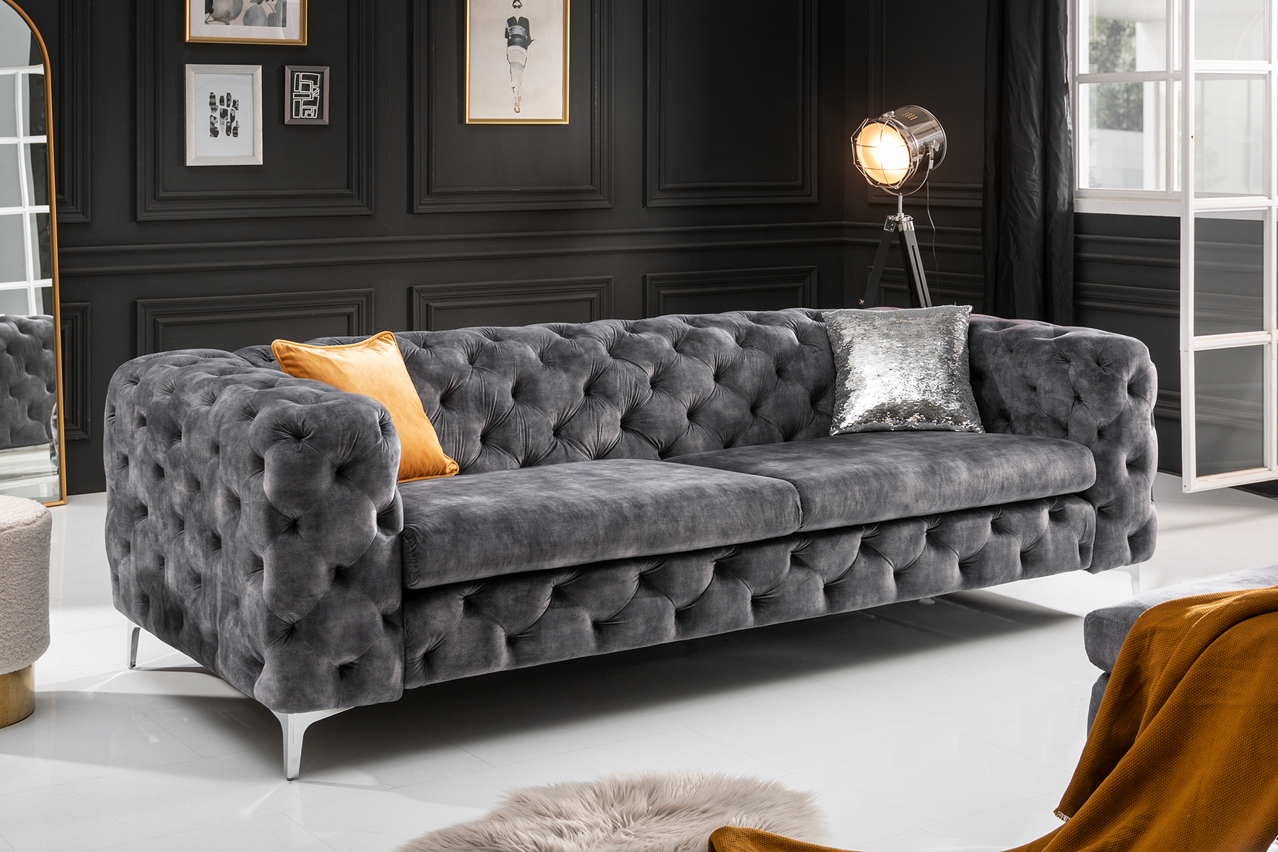 Chesterfield 3-Sitzer Sofa MODERN BAROCK 235cm dunkelgrau Samt Federkern Metallfüße