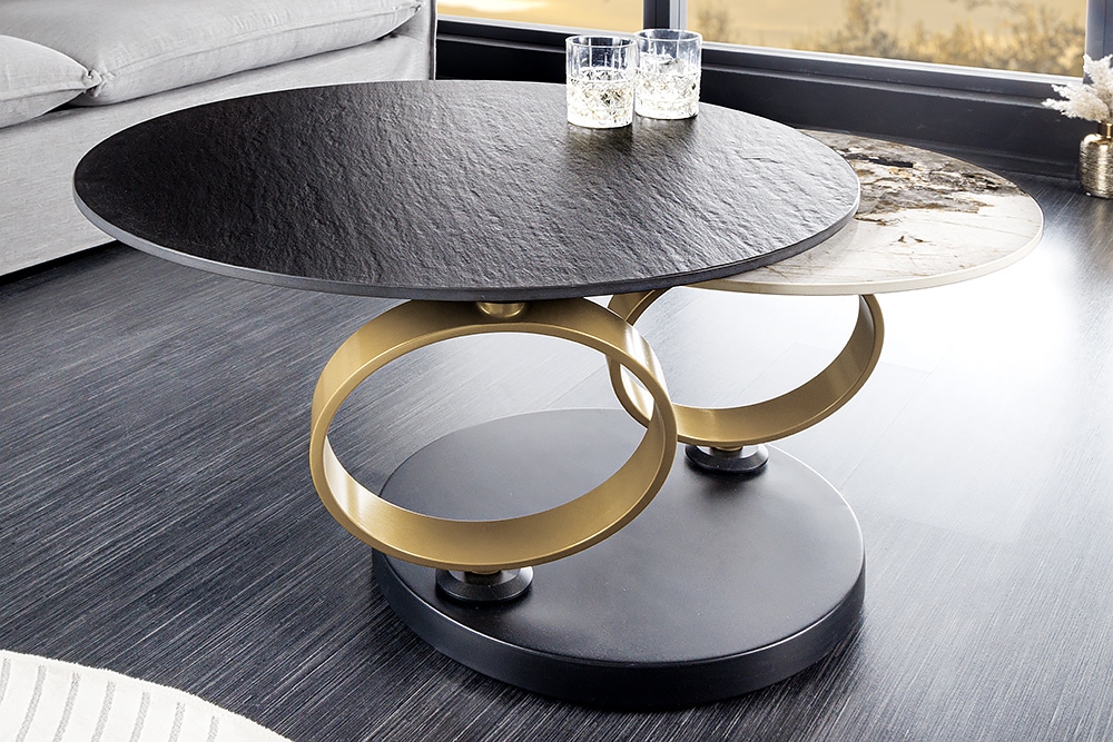 Design Couchtisch DANCING RINGS schwarz rund drehbar Pandora Keramik schwarz Metall