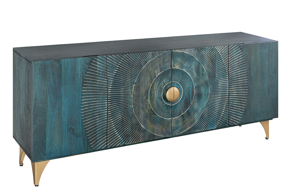 Handgearbeitetes Sideboard GOLDEN SUNSET 180cm türkis gold Mangoholz Metallbeine