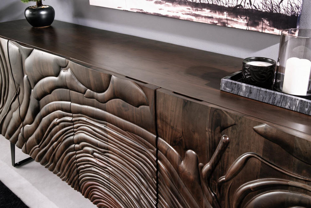 Massives Sideboard FLUID 175cm braun Mangoholz 3D-Design Kufengestell