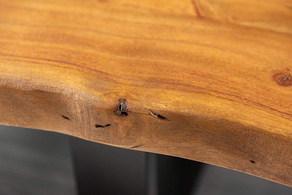 Massivholz Baumstamm Couchtisch MAMMUT 110cm Akazie schwarzes Metallgestell 3,5cm Tischplatte