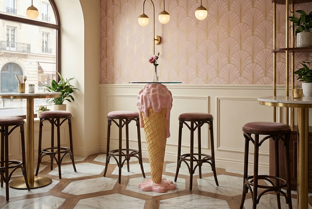 Einzigartiger Bartisch ICE CREAM 105cm beige rosa runde Tischplatte Glas handmade