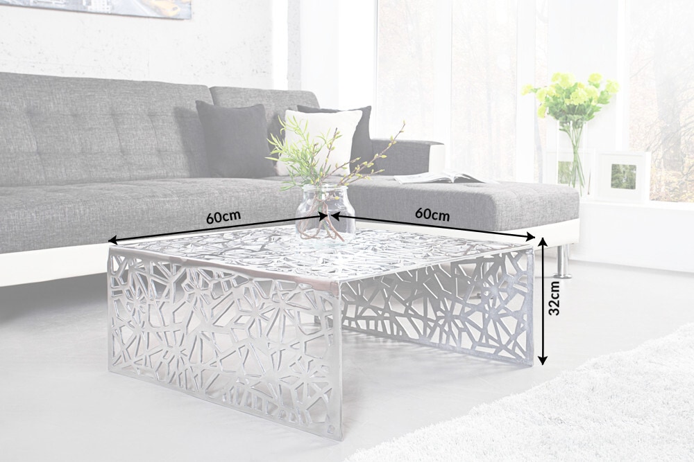 Handgearbeiteter Couchtisch ABSTRACT 60cm Alu silberfarbig im Gap Design