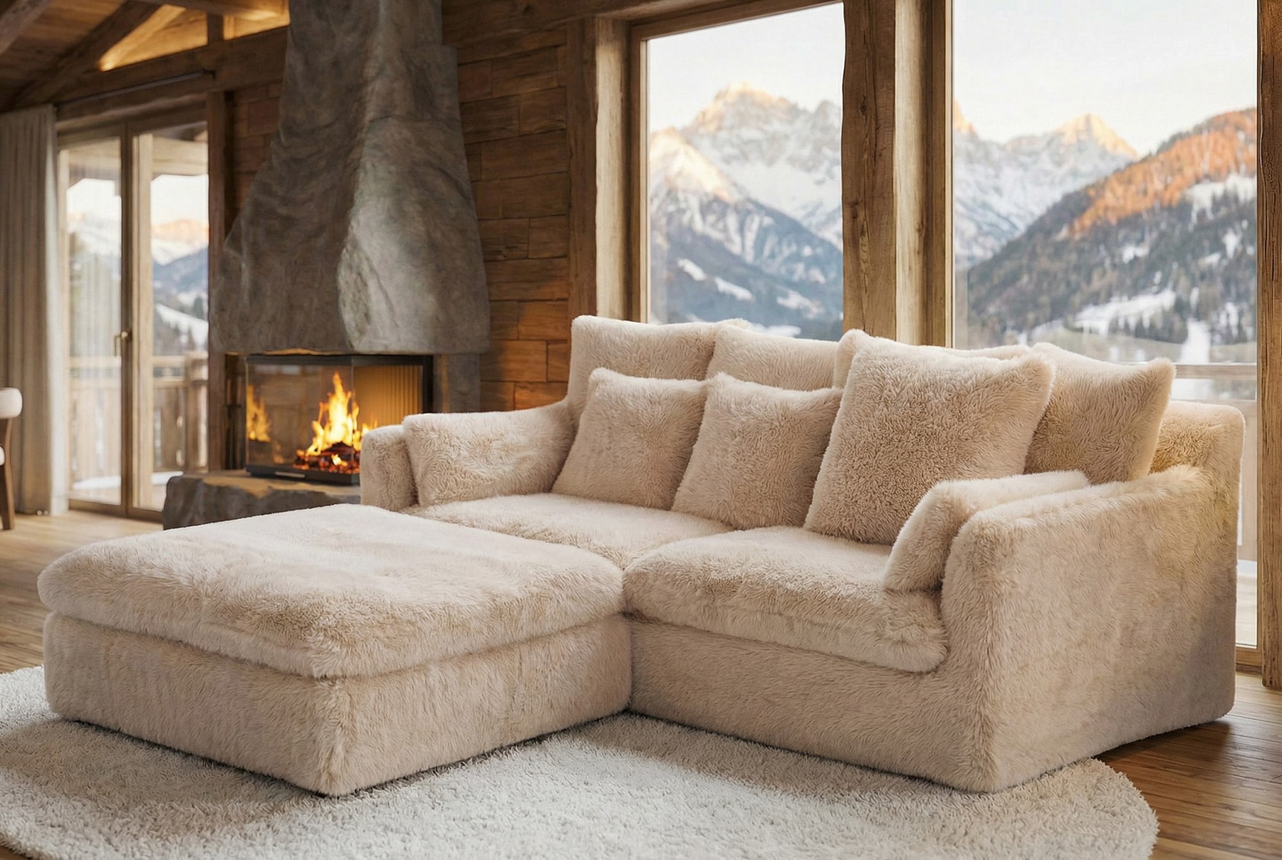 Großes 3-Sitzer Sofa YETI 200cm beige sand langfloriger Plüsch Shaggy-Stoff