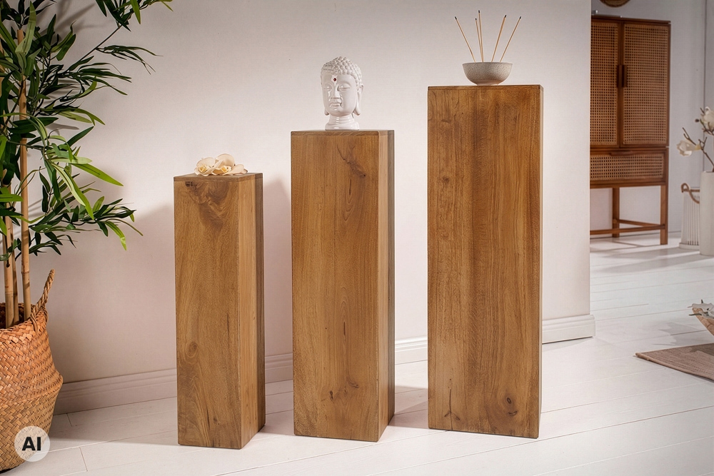 Design Deko Säule 3er Set MAKASSAR 80cm braun honey finish Mangoholz Handarbeit