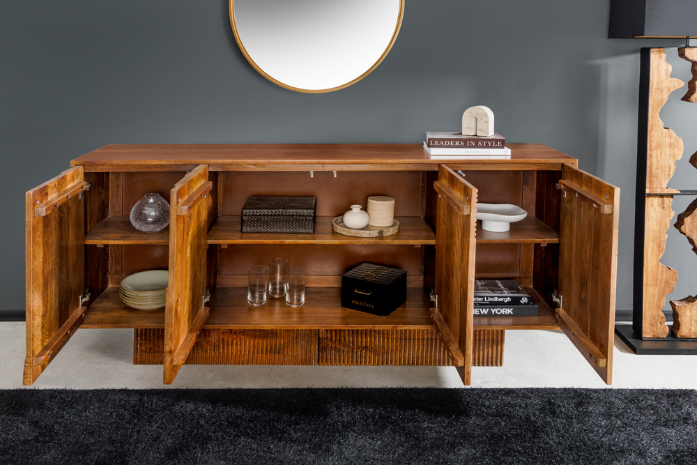Massives Sideboard ART DECO 170cm braun smoke Mangoholz 3D-Front