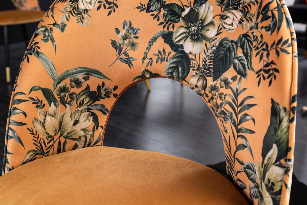 Design Stuhl PRÊT-À-PORTER gelb Samt florales Muster und goldene Fußkappen