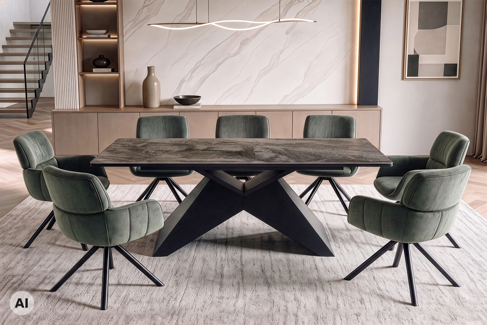 Design Esstisch DIAMOND 180-260cm taupe Keramik Metallgestell schwarz