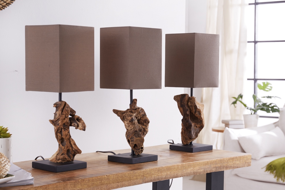 Handgearbeitete Treibholz Tischlampe HYPNOTIC 45cm braun mit Leinenschirm