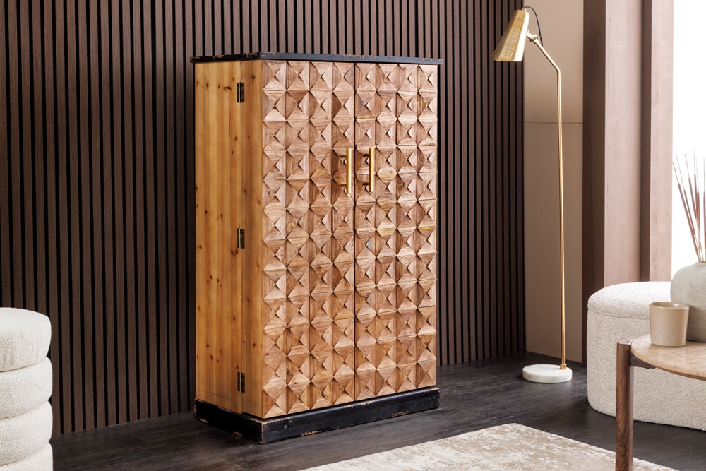 Design Barschrank BODEGA 120cm natur Pinienholz mit 3D-Front und Flaschenregal