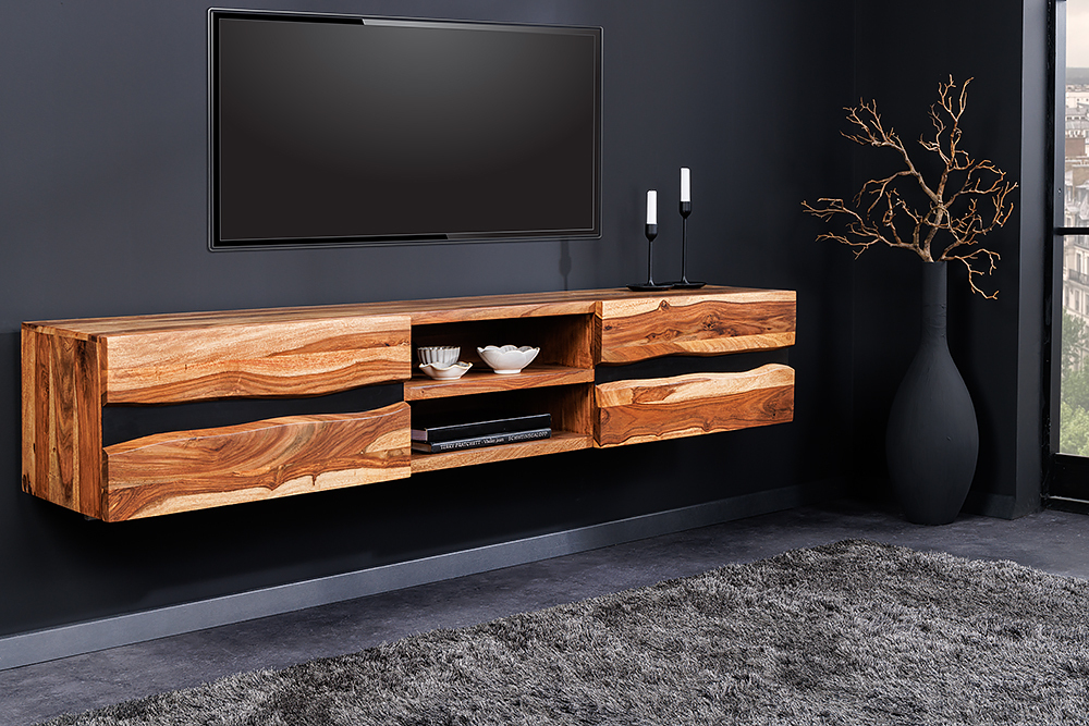 Hängendes TV-Lowboard AMAZONAS 160cm braun Sheesham Massivholz Baumkante Metall schwarz Hängendes TV-Lowboard AMAZONAS 160cm braun Sheesham Massivholz Baumkante Metall schwarz