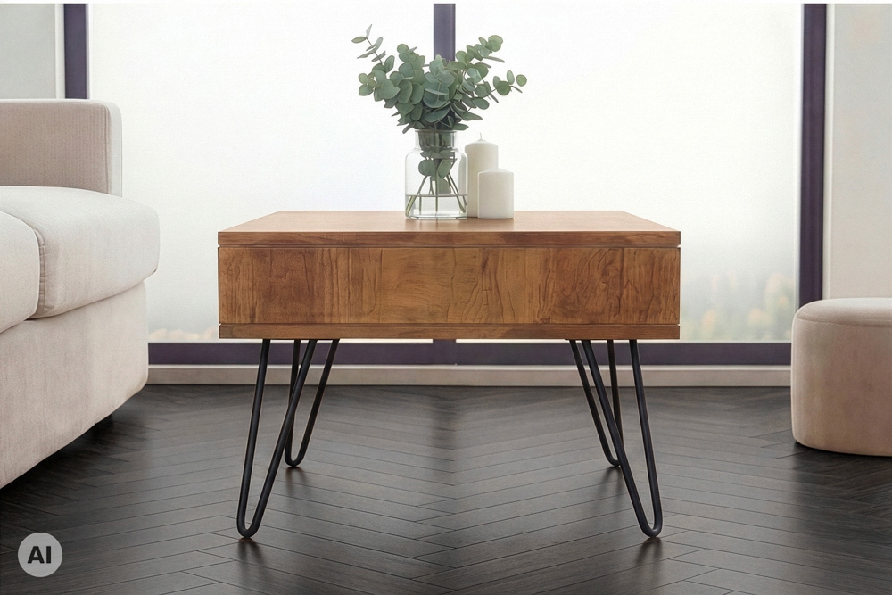 Massiver Couchtisch SCORPION 60cm braun honey finish Mangoholz mit Hairpin Legs